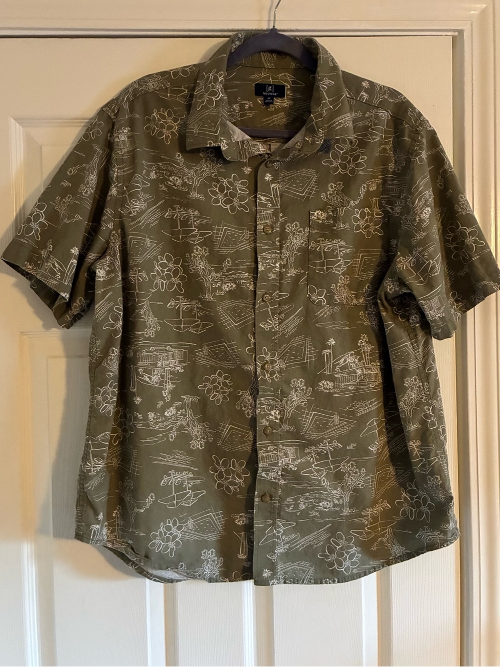 George Men's Olive Short-Sleeve Button-Up Shirt with White Print